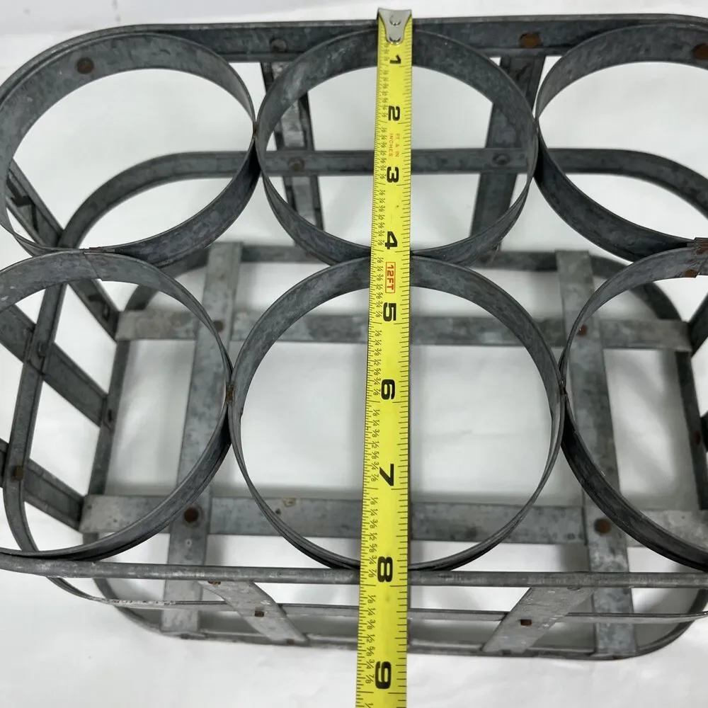 VTG Galvanized Metal 6 Bottle Caddy Carrier Wood Handle Patina Rustic Cottage